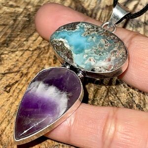 Caribbean Larimar & Amethyst Crystal Pendant 2 1/2”